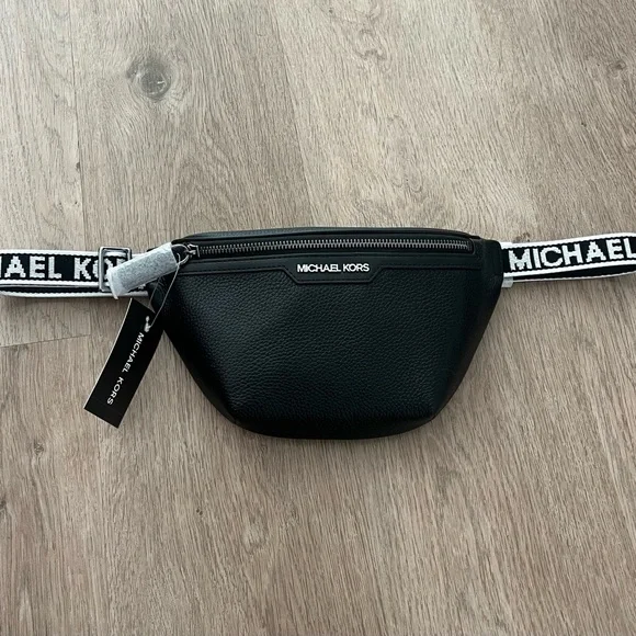 Michael Kors Black Pebbled Leather Logo Belt Bag with Branded Strap